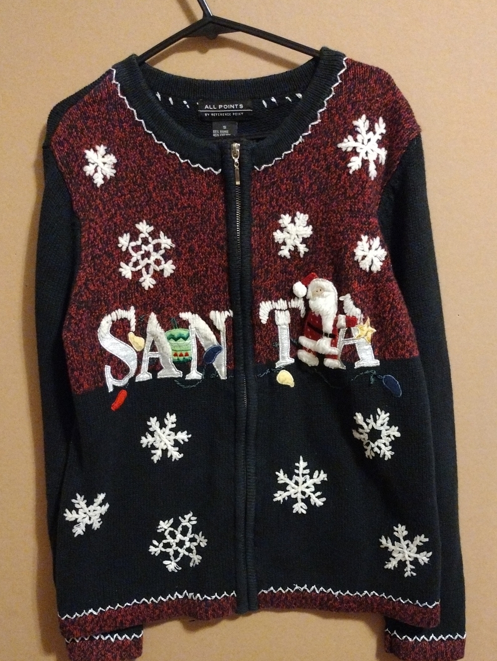 All Points Women's Black and Red 'Santa' Zip-Up Holiday Cardigan